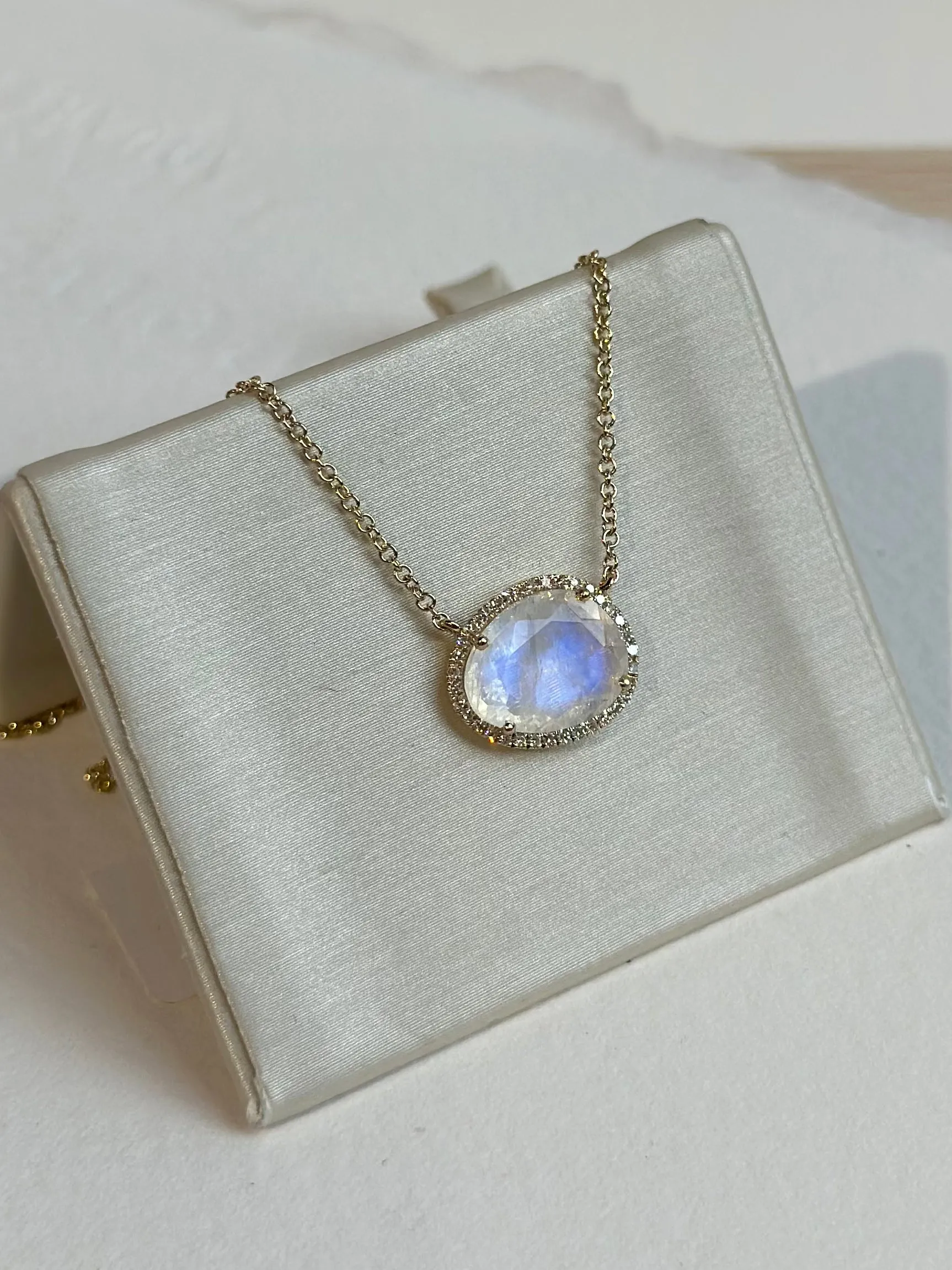 14K Diamond Halo Moonstone Necklace