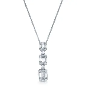 18ct White Gold Baguette and Round Brilliant Cut Diamond Three Tier Drop Pendant