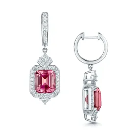 18ct White Gold Emerald Cut Pink Tourmaline And Diamond Halo Drop Earrings