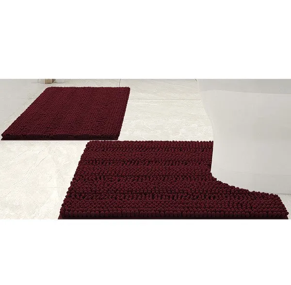 2PC Burgundy Soft Cozy Plush Chenille Bath Mat Set