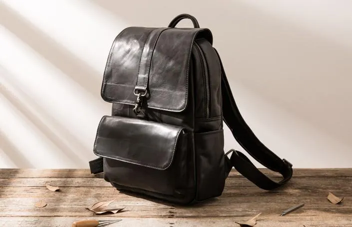 Black Cool Mens Leather Backpacks Travel Backpacks Laptop Backpack for men