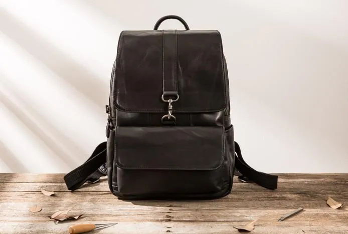 Black Cool Mens Leather Backpacks Travel Backpacks Laptop Backpack for men