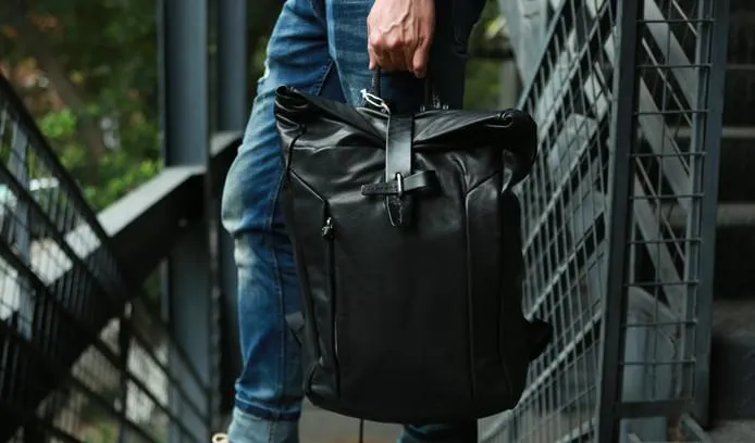 Black Leather Mens Backpacks Travel Backpacks Laptop Backpack for men