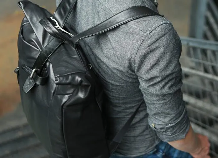 Black Leather Mens Backpacks Travel Backpacks Laptop Backpack for men