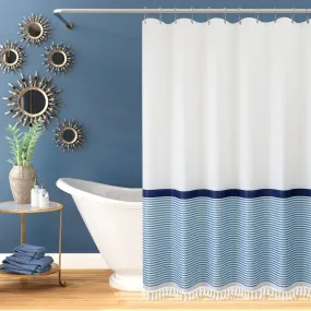 Blue Striped Shower Curtain With Tassels Machine Washable Water Repellent