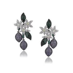 Carlton London Premium Jwlry-Multi Colour Toned Cz Studded Silver-Plated Floral Shaped Oxidised Drop Earrings Fje4149