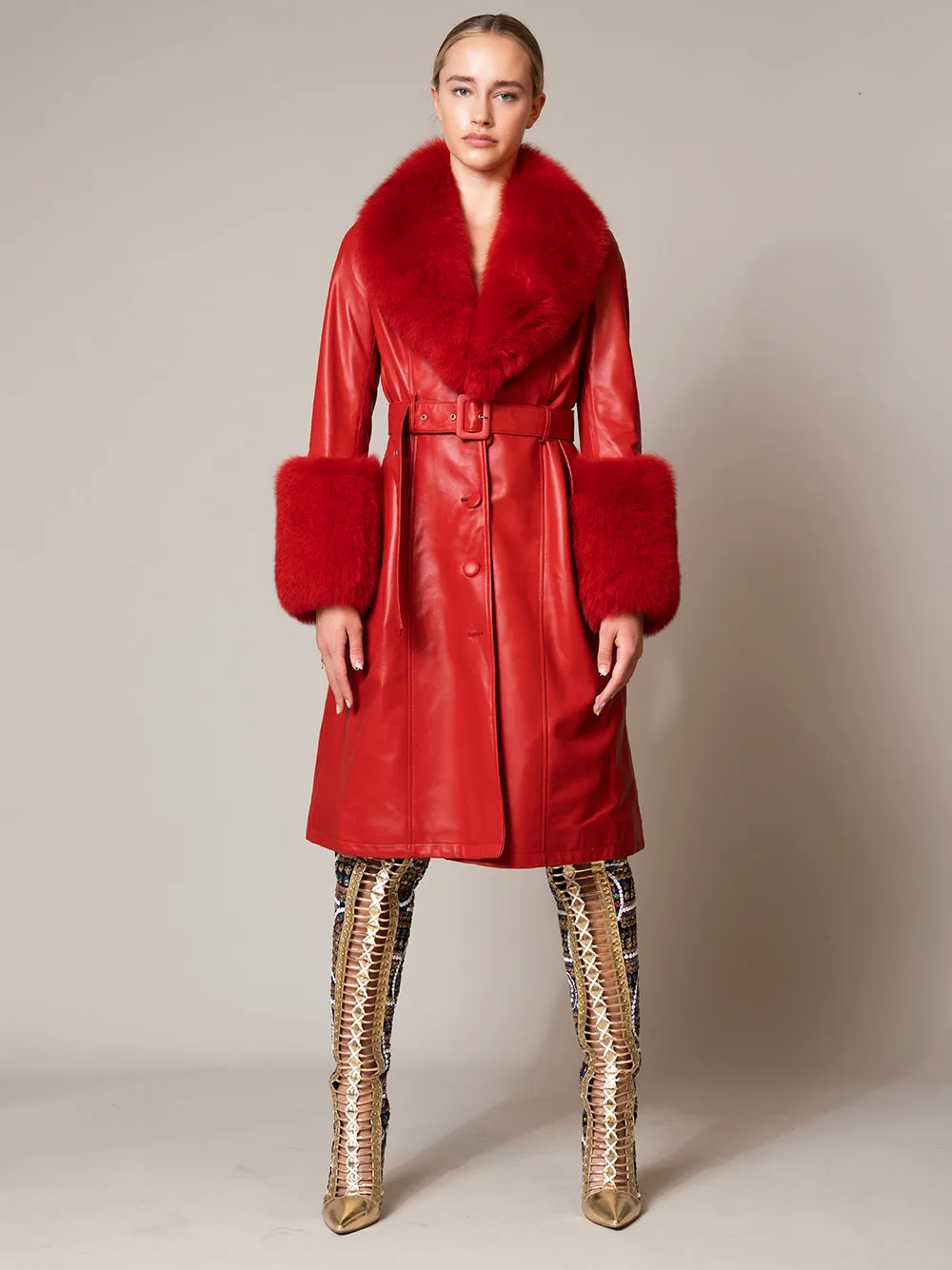 CHERRY Faux Fur Genuine Leather Coat