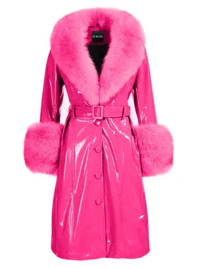 Faux Fur Patent Leather Coat in Fuchsia