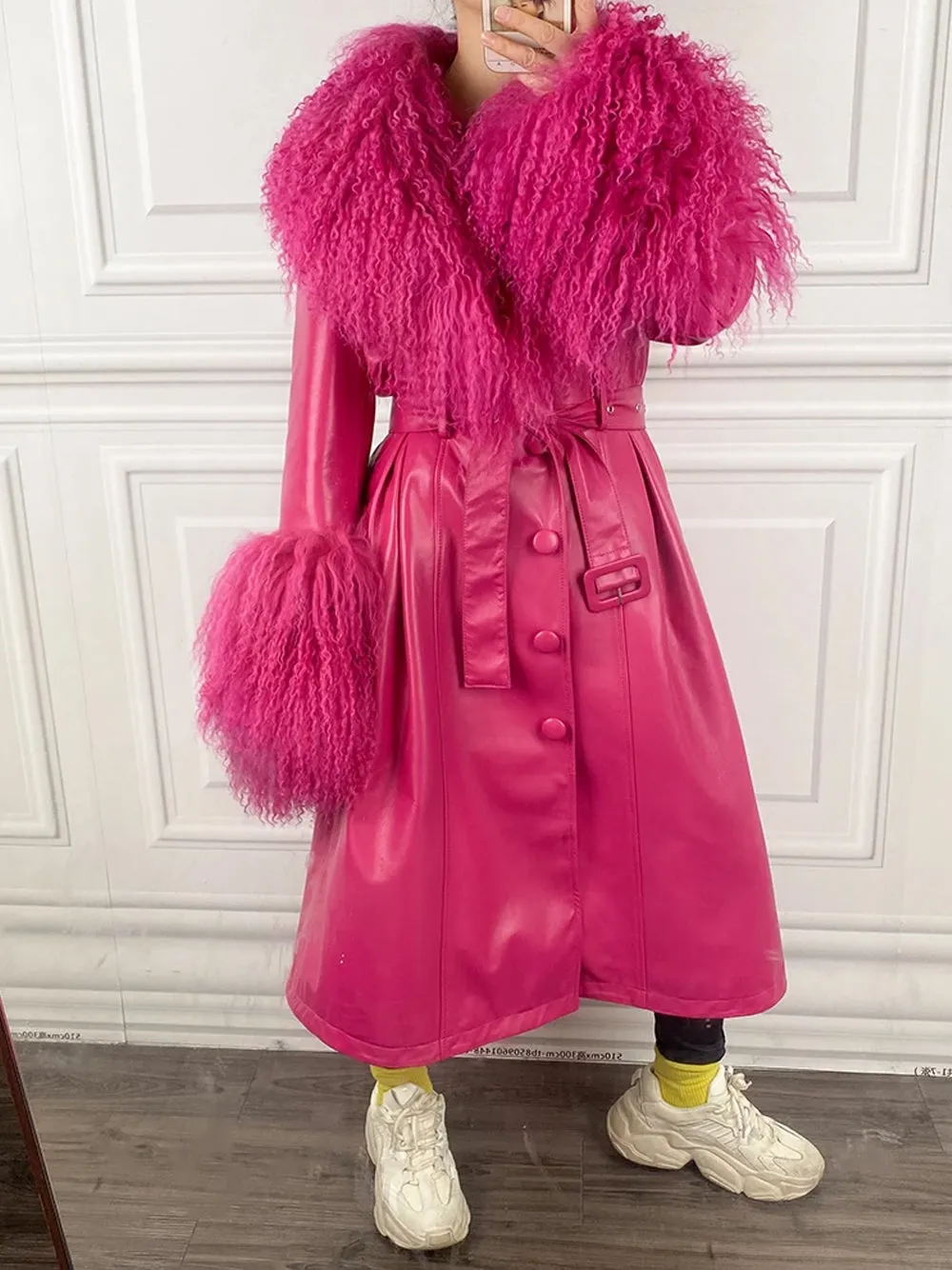 Fluffy Faux Fur Genuine Leather Coat in Pink