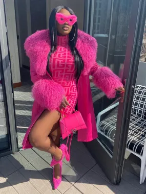 Fluffy Faux Fur Genuine Leather Coat in Pink