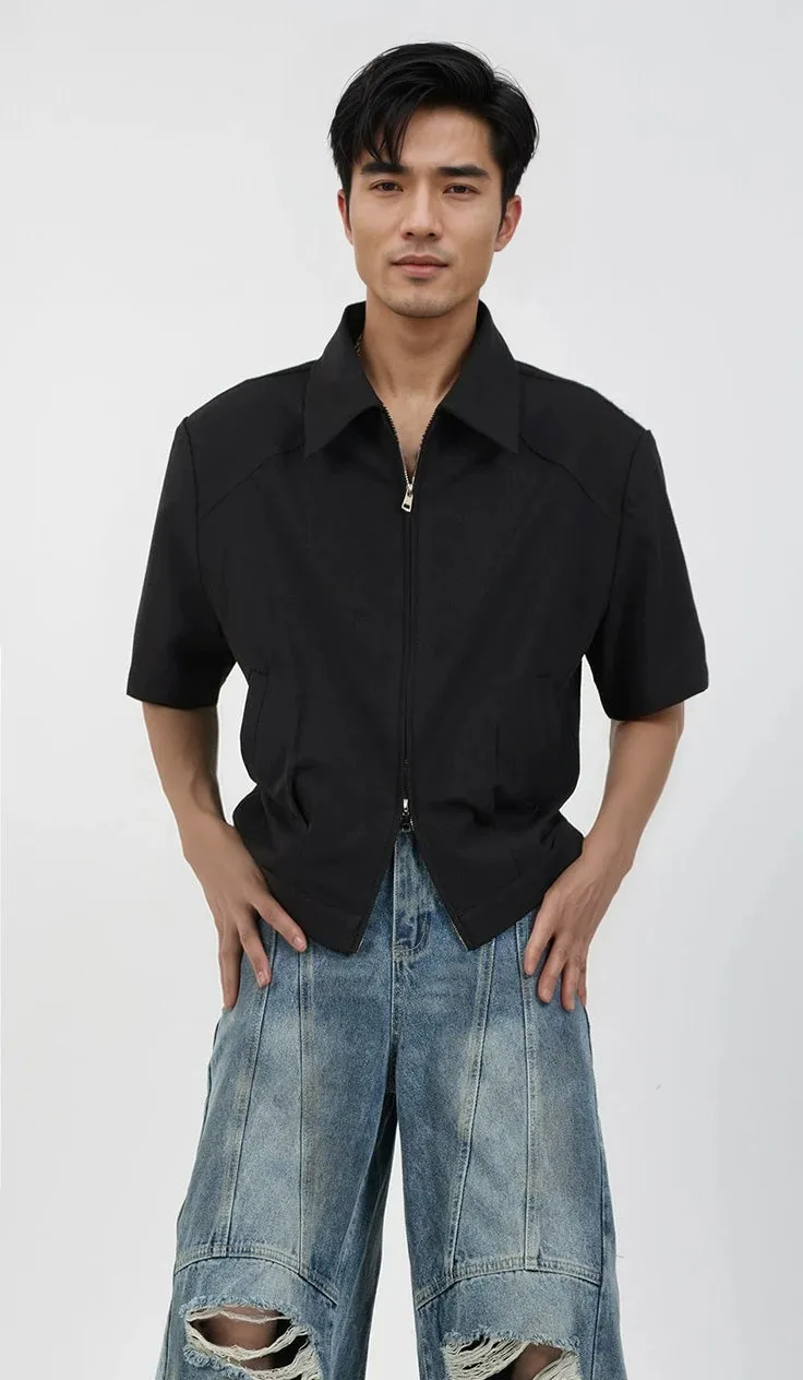 Half Sleeve Zip-Front Collared Shirt