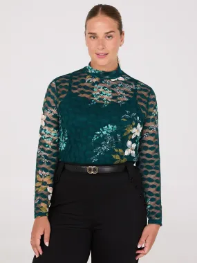 Lace Floral Print Mock Neck Top