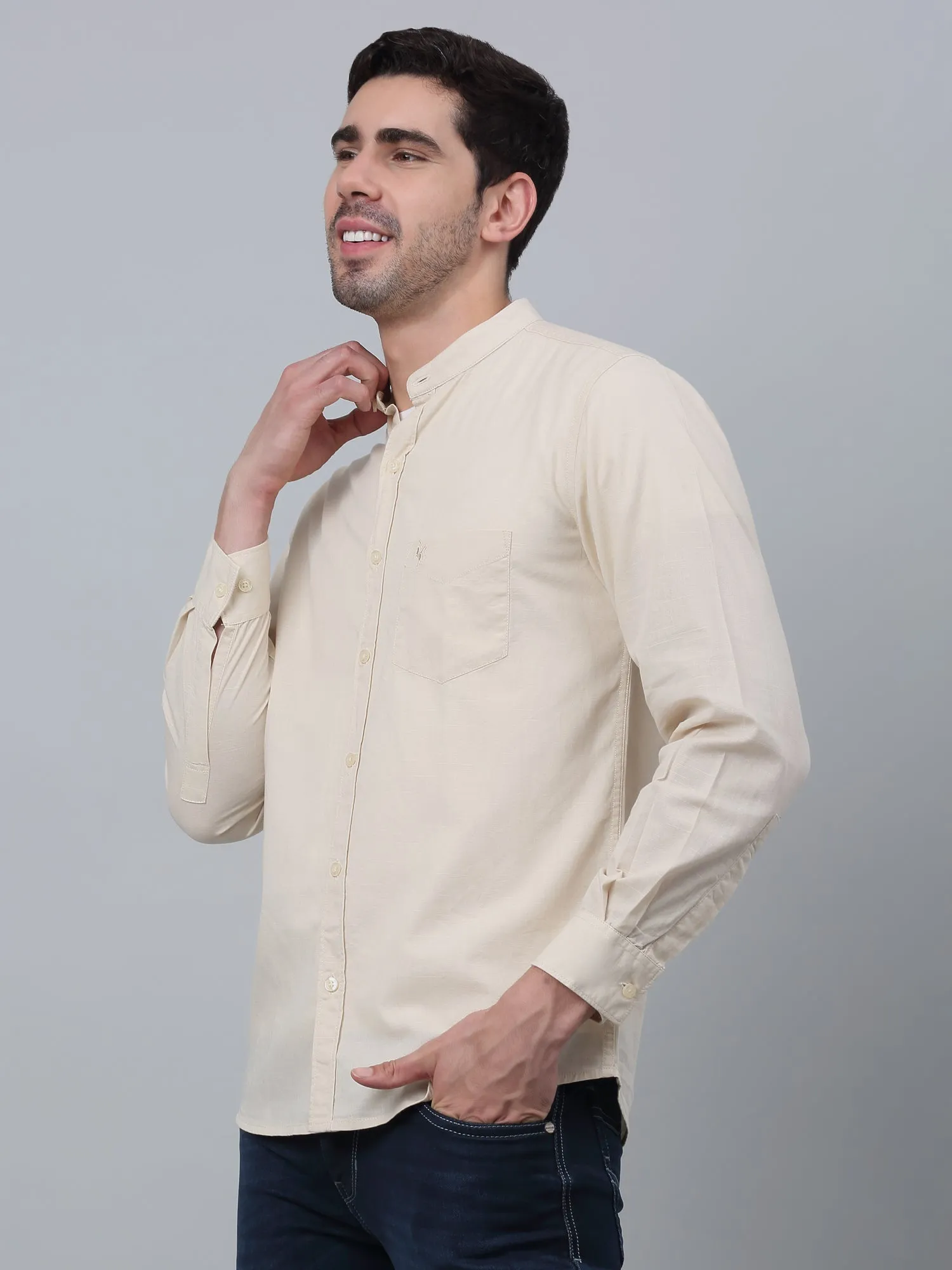 Men's Beige Casual Plain Full Sleeve Shirt