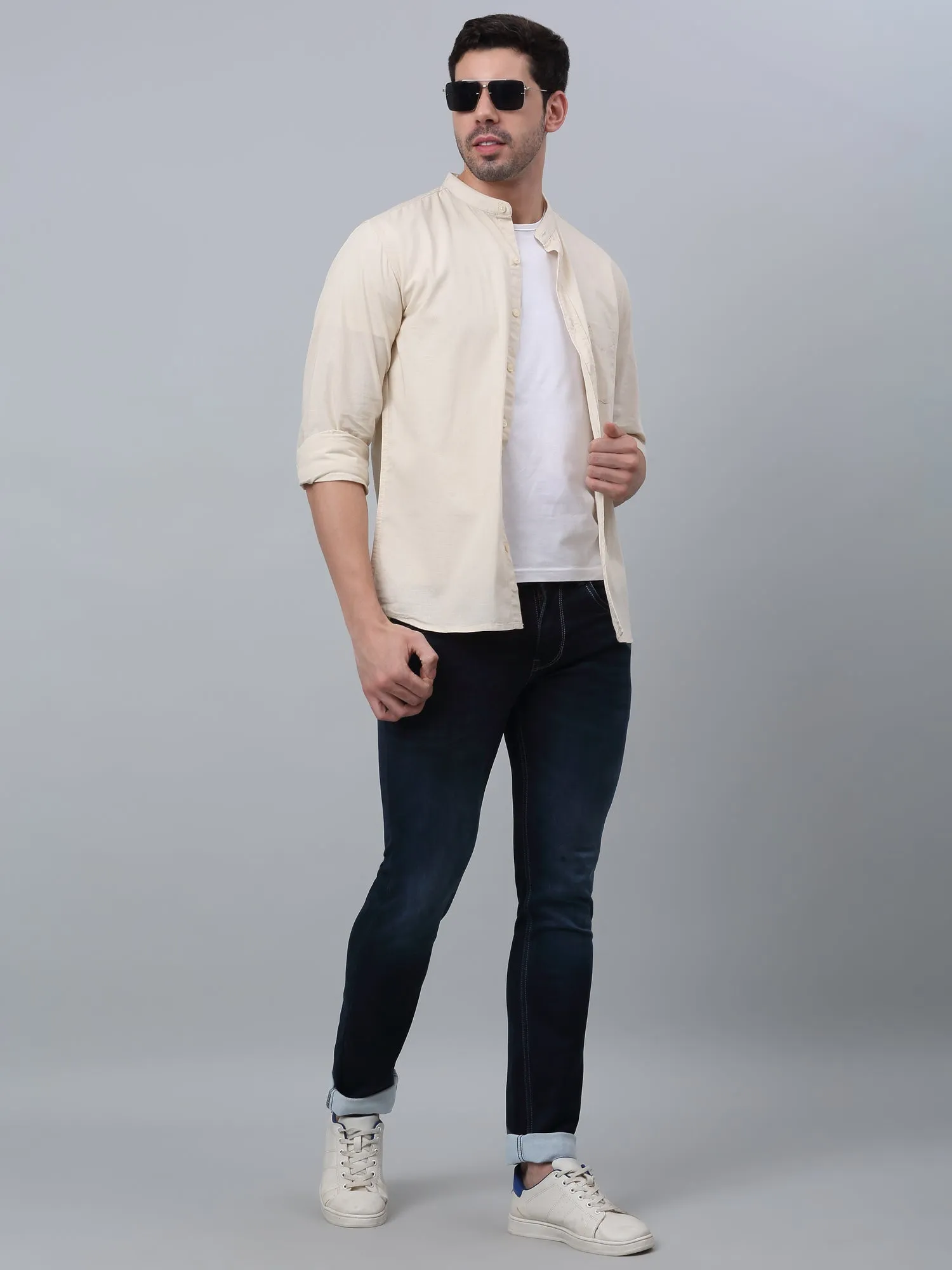 Men's Beige Casual Plain Full Sleeve Shirt