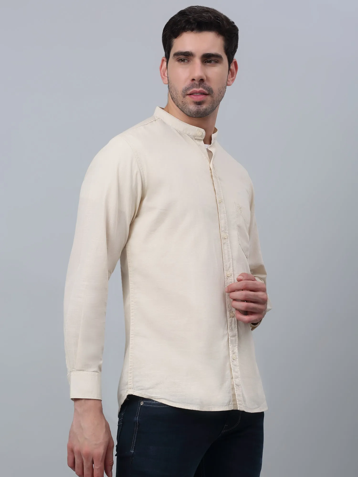 Men's Beige Casual Plain Full Sleeve Shirt