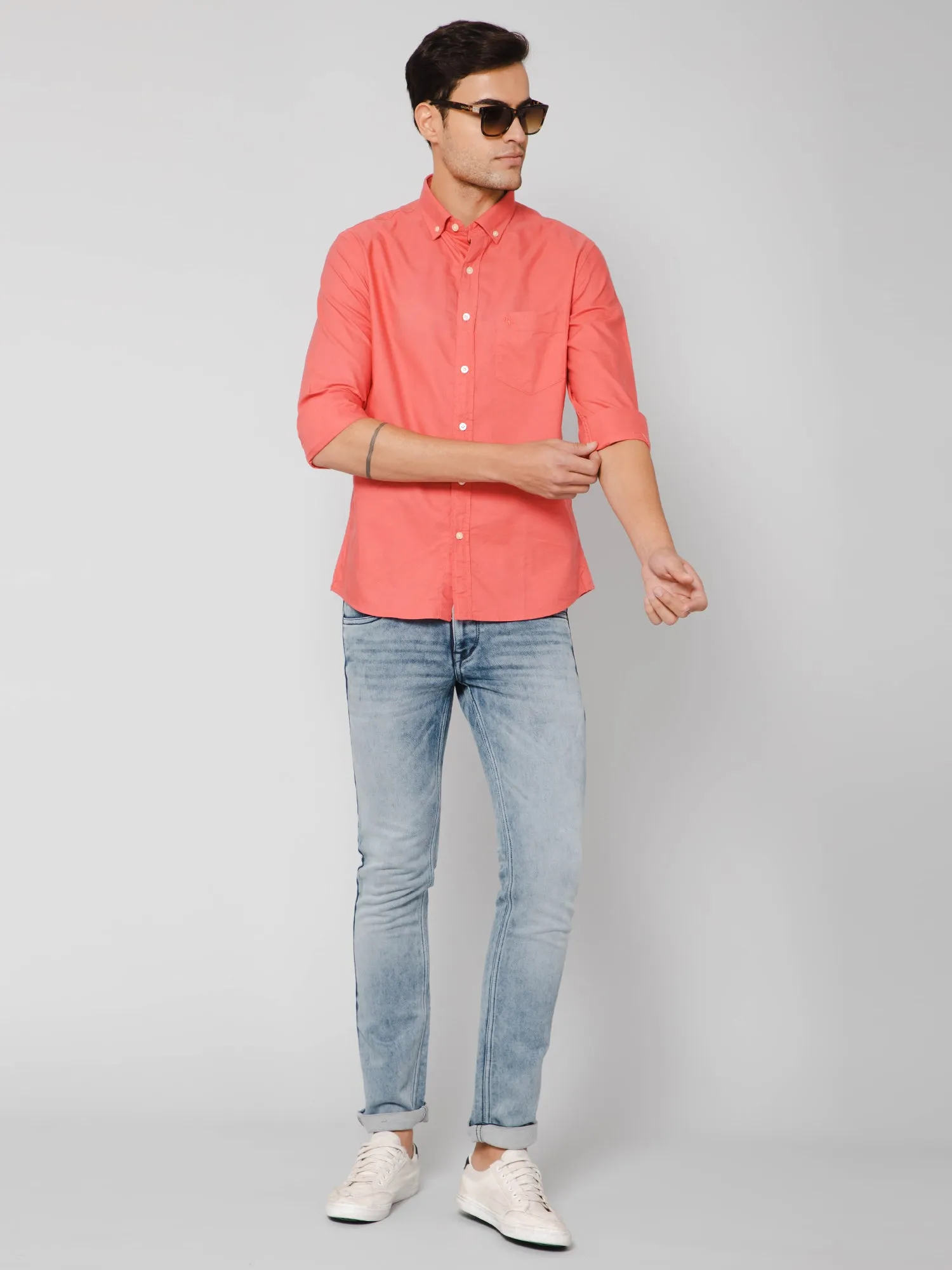 Men's Red Casual Plain Full Sleeve Shirt