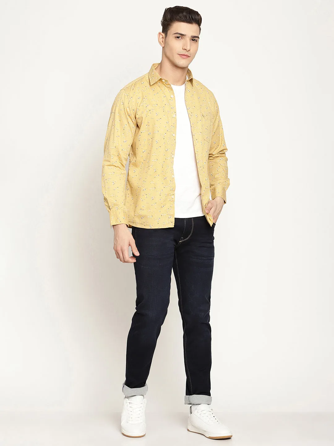 Men's Yellow Casual Floral Print Full Sleeve Shirt