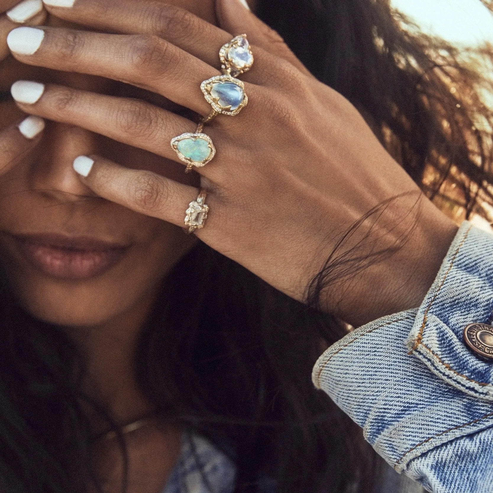 Micro Queen Emerald Cut Moonstone Ring with Sprinkled Diamonds