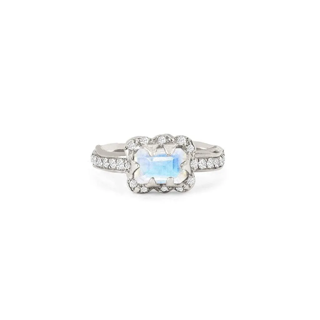 Micro Queen Emerald Cut Moonstone Ring with Sprinkled Diamonds