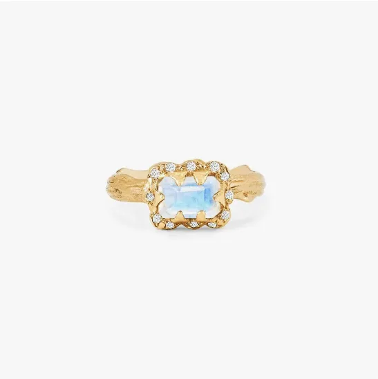 Micro Queen Emerald Cut Moonstone Ring with Sprinkled Diamonds