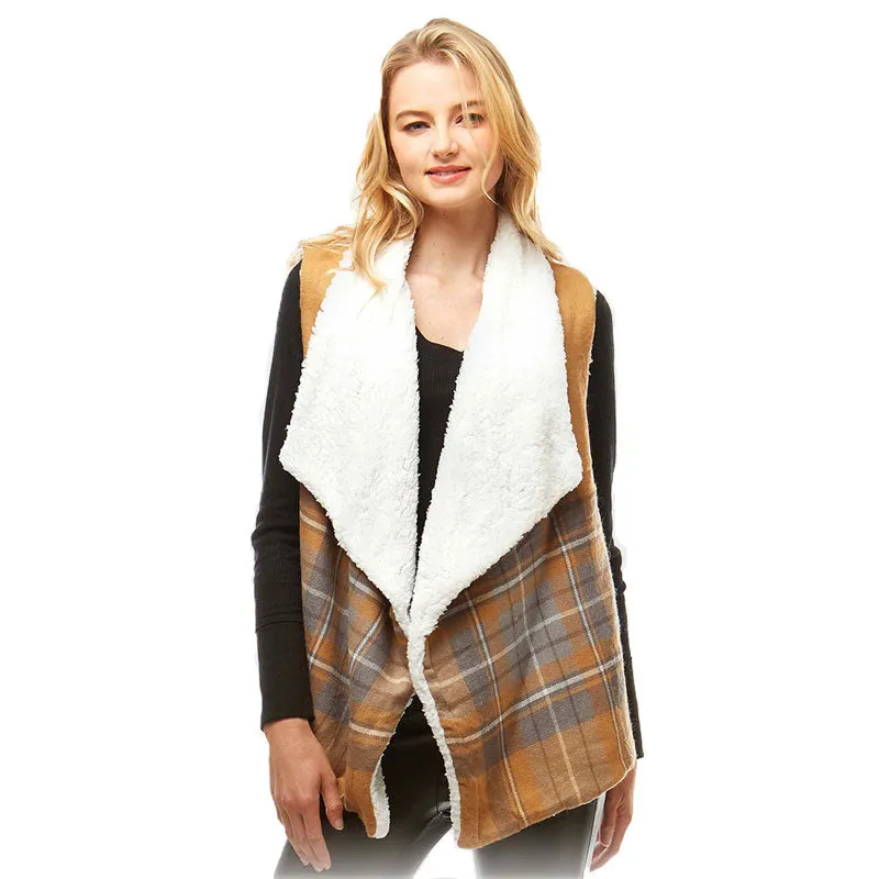 Plaid Faux Fur Lining and Pocket Vest