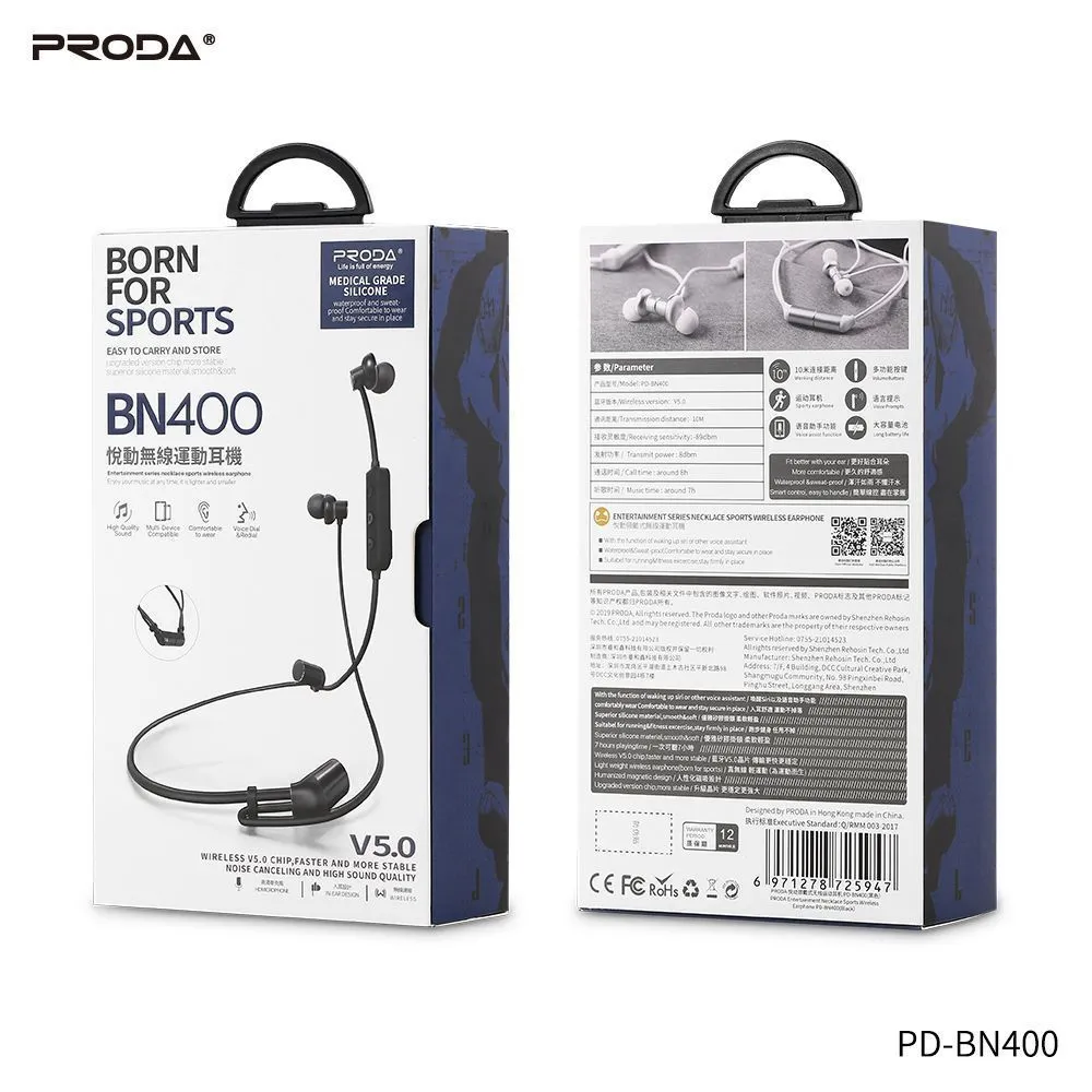 PRODA PD-BN400 YUTON SERIES WIRELESS SPORT EARPHONE, NECKBAND WIRELESS EARPHONE, BLUETOOTH NECKBAND EARPHONE, SPORT WIRELESS EARPHONE FOR APPLE, ANDROID, NECKBAND WITH NOICE CANCELLATION