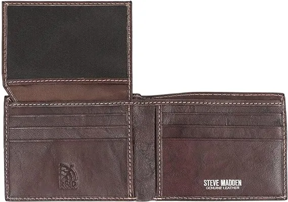 Steve Madden Men's Leather Wallet RFID Wallet Extra Capacity Attached Flip Pockets