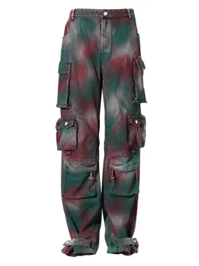 Women's Green & Red Dyed Denim Cargo Jeans